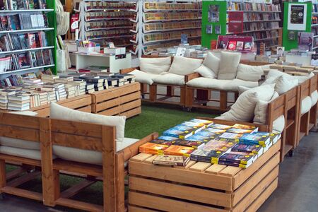Saint Petersburg, Russia - October 10, 2018: Bookshelves and reading space in the bookstore.のeditorial素材