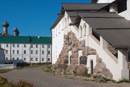 Solovetsky island, Russia - August 10, 2019: The porch and stairs to the refectory.のeditorial素材