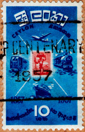 Saint Petersburg, Russia - February 01, 2020: Stamp issued in the Ceylon with the image of Methods of transportations. From the series on Centenary of Ceylon stamps, circa 1957のeditorial素材