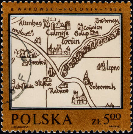 Saint Petersburg, Russia - February 20, 2020: Stamp issued in the Poland with the image of the Map of Poland by Bernard Wapowski, 1526. From the series on Map of Poland, circa 1982のeditorial素材
