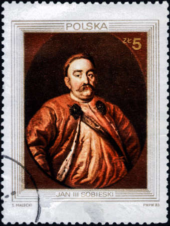 Saint Petersburg, Russia - February 20, 2020: Stamp issued in the Poland with the image of the Portrait King John III Sobieski by Unknown court painter. From the series on Kings Portraits, circa 1983のeditorial素材