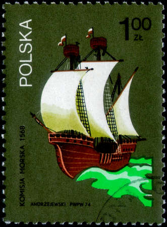 Saint Petersburg, Russia - March 06, 2020: Stamp issued in the Poland with the image of the Sailing ship, 16th century. From the series on Polish Sailing Ships, circa 1974のeditorial素材