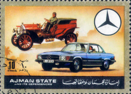 Saint Petersburg, Russia - March 06, 2020: Stamp issued in the Ajman with the image of old and antique Mercedes cars. From the series on Automobiles, now and then, circa 1972のeditorial素材