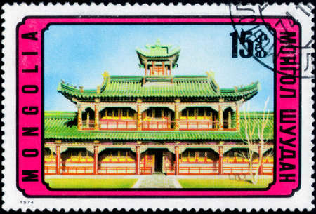 Saint Petersburg, Russia - March 06, 2020: Stamp issued in the Mongolia with the image of the Buddhist Temple, Museum. From the series on Mongolian Architecture, circa 1974のeditorial素材