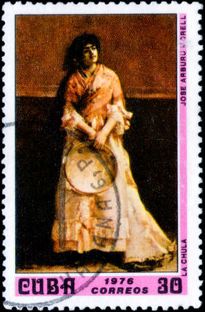 Saint Petersburg, Russia - March 06, 2020: Stamp issued in the Cuba with the image of the La Chula, painting by Jose Arburu Morell. From the series on Paintings from the National Museum, circa 1976のeditorial素材