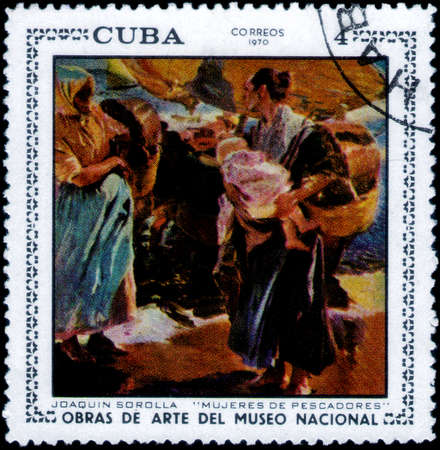 Saint Petersburg, Russia - March 06, 2020: Stamp issued in the Cuba with the image of the Fischer wives, painting by Joaquin Sorolla. From the series on Paintings from the National Museum, circa 1970のeditorial素材