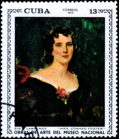 Saint Petersburg, Russia - March 06, 2020: Stamp issued in the Cuba with the image of the Mrs. Edward Foster, painting by Thomas Lawrence. From the series on Paintings from the National Museum, circa 1970のeditorial素材