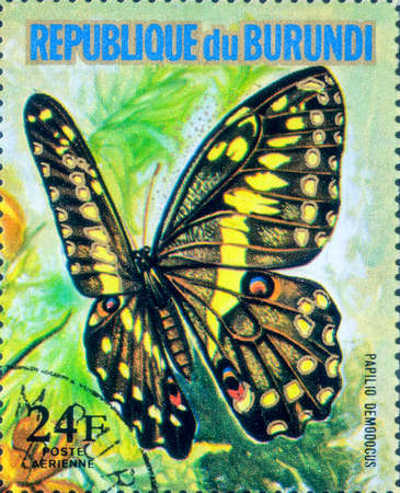 Saint Petersburg, Russia - March 15, 2020: Stamp issued in the Burundi with the image of the Papilio demodocus. From the series on Flowers and Butterflies, circa 1973のeditorial素材