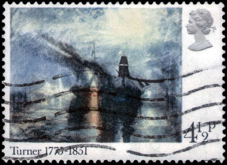 Saint Petersburg, Russia - March 21, 2020: Stamp issued in the United Kingdom with the image of The picture Peace - Burial at Sea. From the series on Birth Bicentenary of J.M.W. Turner, circa 1975のeditorial素材