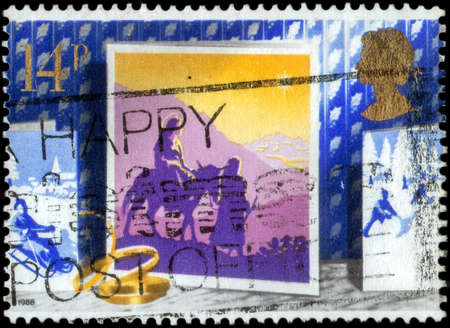 Saint Petersburg, Russia - March 21, 2020: Stamp issued in the United Kingdom with the image of Journey to Bethlehem. From the series on Christmas, circa 1988のeditorial素材