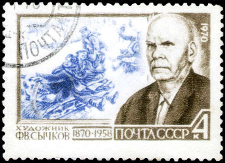 Saint Petersburg, Russia - April 01, 2020: Stamp issued in the Soviet Union dedicated to the Birth Centenary of Fedot Vasilevich Sychkov, circa 1970のeditorial素材
