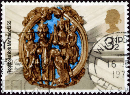 Saint Petersburg, Russia - March 21, 2020: Stamp issued in the United Kingdom with the image of The Adoration of the Magi, York Minster, 1355. From the series on Christmas, Church Roof Bosses, circa 1974のeditorial素材