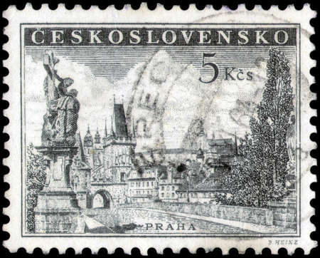 Saint Petersburg, Russia - April 30, 2020: Stamp issued in the Czechoslovakia with the image of the Charles Bridge, Prague, circa 1953のeditorial素材
