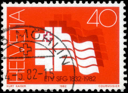 Saint Petersburg, Russia - May 05, 2020: Stamp printed in the Switzerland dedicated to the 150 Years of Swiss Federal Gymnastics Club, circa 1982のeditorial素材