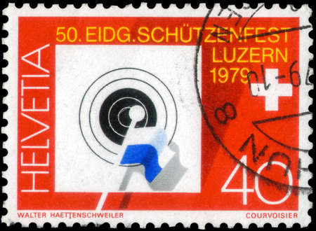 Saint Petersburg, Russia - May 17, 2020: Stamp printed in the Switzerland dedicated to the 50th Federal Riflemen Festival, Lucerne, July 7-22, circa 1979のeditorial素材