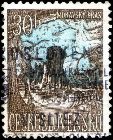 Saint Petersburg, Russia - May 17, 2020: Stamp printed in the Czechoslovakia with the image of the Cave, Moravian karst, circa 1963のeditorial素材