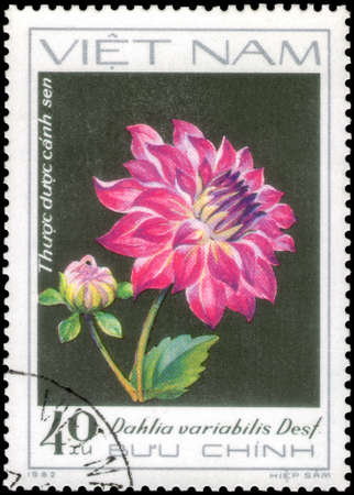 Saint Petersburg, Russia - May 31, 2020: Stamp printed in the Vietnam with the image of the Rosa Lotus-Dahlia, circa 1982のeditorial素材