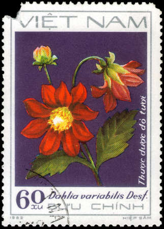 Saint Petersburg, Russia - May 31, 2020: Stamp printed in the Vietnam with the image of the Red single dahlia, Dahlia variabilis Desf., circa 1982のeditorial素材