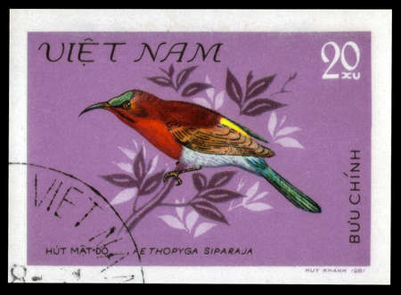 Saint Petersburg, Russia - May 31, 2020: Stamp printed in the Vietnam with the image of the Crimson Sunbird, Aethopyga siparaja, circa 1981のeditorial素材