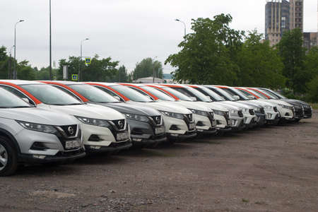 Saint Petersburg, Russia - June 06, 2020: Hyundai Creta and Nissan Qashqai carsharing company YouDrive cars parked in a vacant lot during restrictions due to the epidemic.のeditorial素材