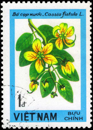 Saint Petersburg, Russia - May 31, 2020: Stamp printed in the Vietnam with the image of the Cassia fistula, circa 1984のeditorial素材
