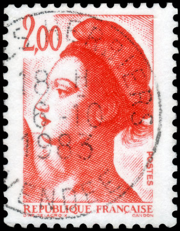 Saint Petersburg, Russia - September 27, 2020: Postage stamp issued in the France with the image of the Liberty. From the series on Liberte de Gandon, circa 1983のeditorial素材