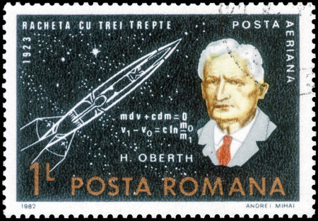 Saint Petersburg, Russia - September 27, 2020: Postage stamp issued in the Romania with the image of the Hermann Oberth. From the series on Space Research, circa 1983のeditorial素材