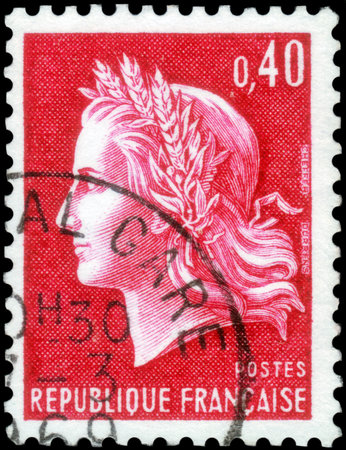 Saint Petersburg, Russia - September 27, 2020: Postage stamp issued in the France with the image of the Marianne of Cheffer, circa 1969のeditorial素材