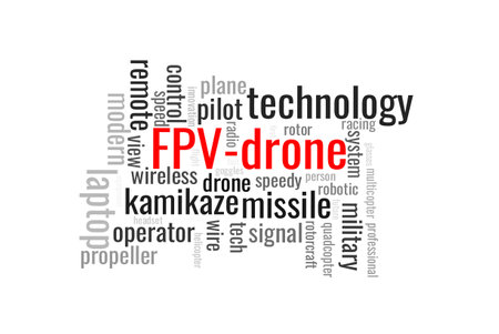 Illustration in the form of a cloud of words related to FPV-drone technology.のイラスト素材