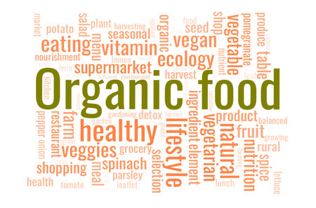 Illustration in the form of a cloud of words related to the Organic food.のイラスト素材