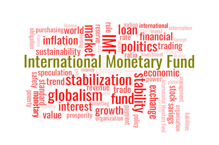Illustration in the form of a cloud of words related to an International Monetary Fund. IMF.のイラスト素材