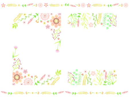 Frame illustration of pink flowers and plants, watercolor styleのイラスト素材