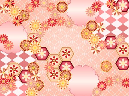 Peach japanese pattern, autumn chrysanthemumのイラスト素材