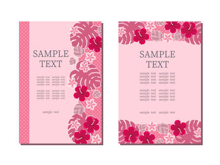 Hibiscus and Monstera illustration frame, flat design, red and pinkのイラスト素材