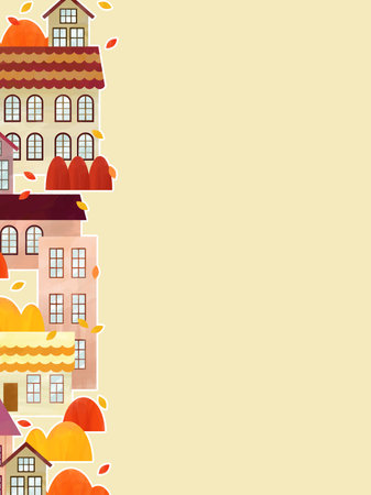 Simple and cute autumn cityscape illustration background, watercolor styleのイラスト素材