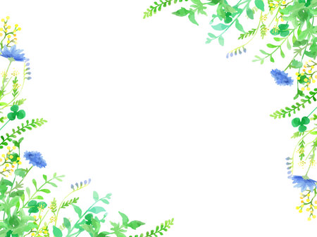 Watercolor floral frame with blue cornflowers and green leaves on white backgroundのイラスト素材