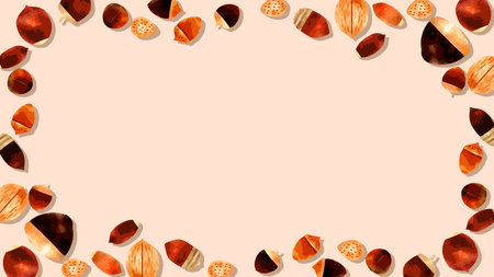 Frame made of chestnuts on a pink background. Place for text.のイラスト素材