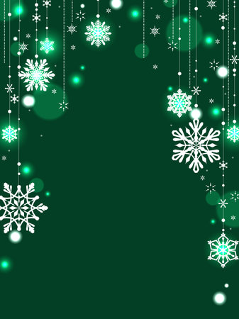 Green christmas background with snowflakes and lights. Vector illustration.のイラスト素材
