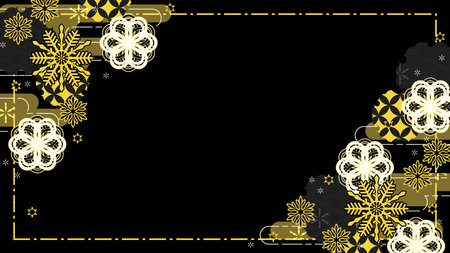 Golden snowflakes on a black background with space for text.のイラスト素材