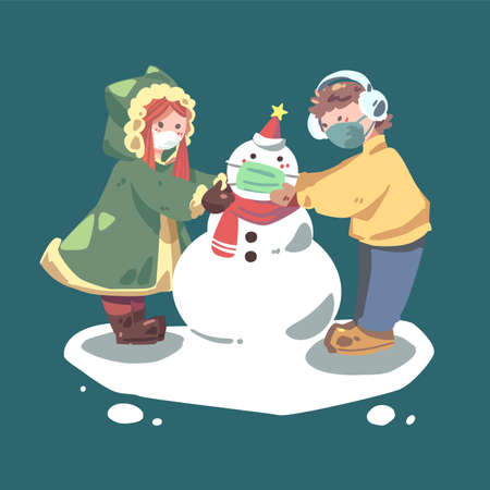 Two wearing mask kids building a earing mask snowball together vectorのイラスト素材