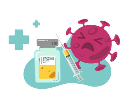 with vaccine bottle and syringe injection tool flat vector illustration.のイラスト素材