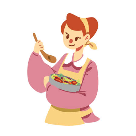 A woman making homemade salad at home. A woman diet with clean eating for her health flat vector illustration. A woman enjoy mediterranean diet with healthy food, fresh vegetbles and fruits.のイラスト素材