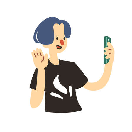 A man using their smartphone cute flat vector illustration. Portrait of a man using mobile phone for communication, social media, mobile internet and any business.のイラスト素材