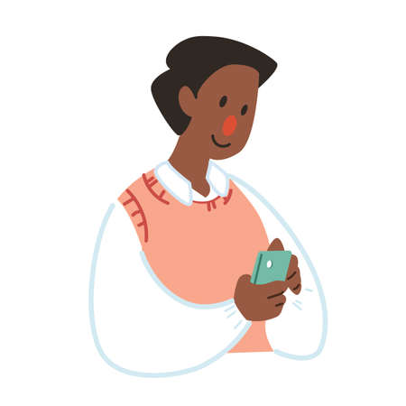 A man using their smartphone cute flat vector illustration. Portrait of a man using mobile phone for communication, social media, mobile internet and any business.のイラスト素材