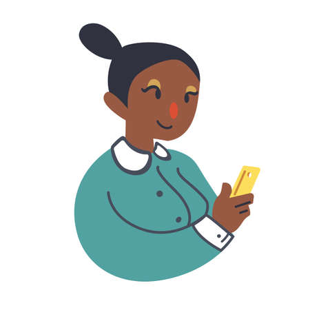 A woman using their smartphone cute flat vector illustration. Portrait of woman using mobile phone for communication, social media, mobile internet and any business.のイラスト素材