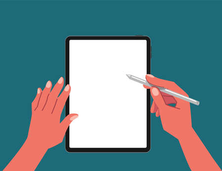 Top view of hands writing, drawing, painting on blank tablet with stylus pen for digital painting, graphic design or lecture flat vector illustration. Working on blank space tablet.のイラスト素材