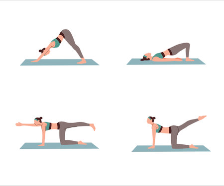 Set of young woman doing yoga isolated white background flat vector illustration. Yoga at home for healthy life.のイラスト素材