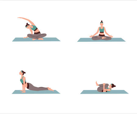 Set of young woman doing yoga isolated white background flat vector illustration. Yoga at home for healthy life.のイラスト素材