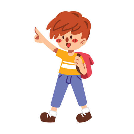 A cute boy walking to school white isolated background flat vector illustration. Welcome back to school concept.のイラスト素材