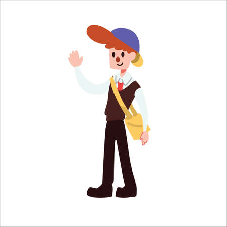 A cute boy walking to school with school uniform white isolated background flat vector illustration. Welcome back to school concept.のイラスト素材